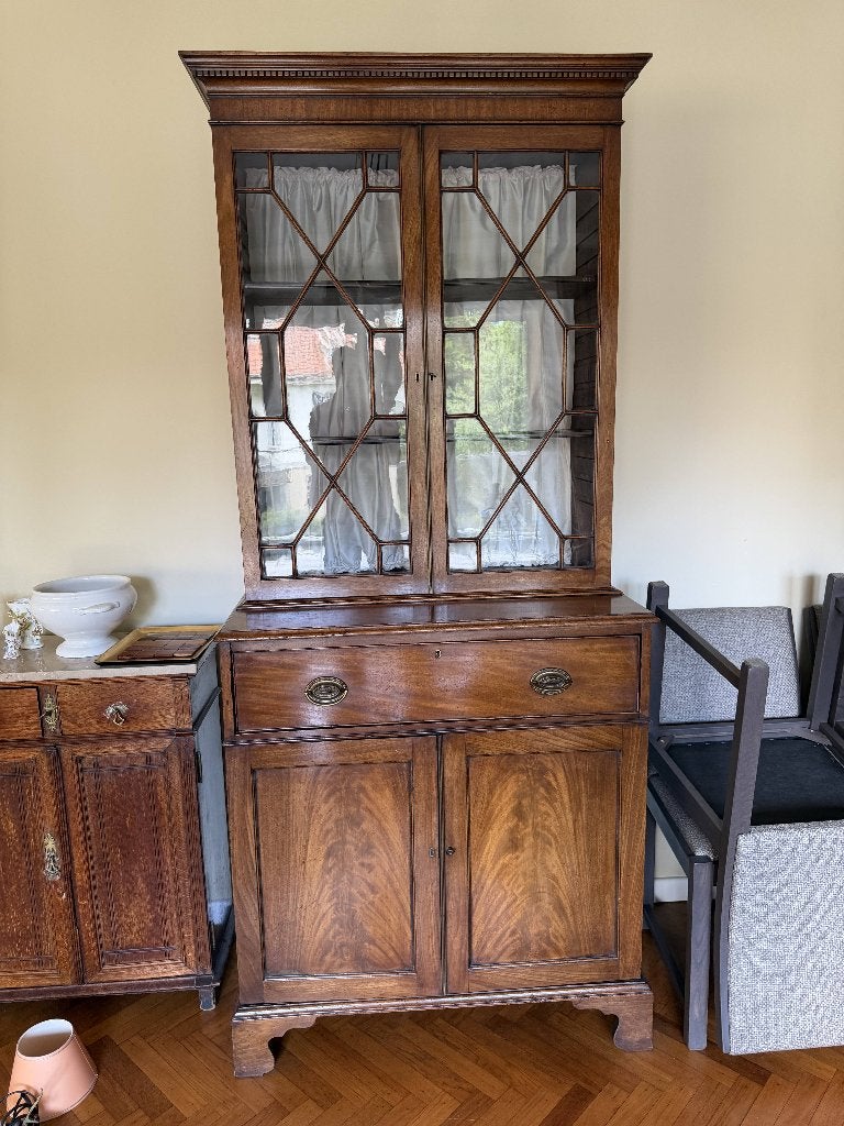 Engelse mahoniehouten bibliotheeksecretaris — Sheraton-raam, Huis en Inrichting, Kasten | Vitrinekasten, Gebruikt, 200 cm of meer