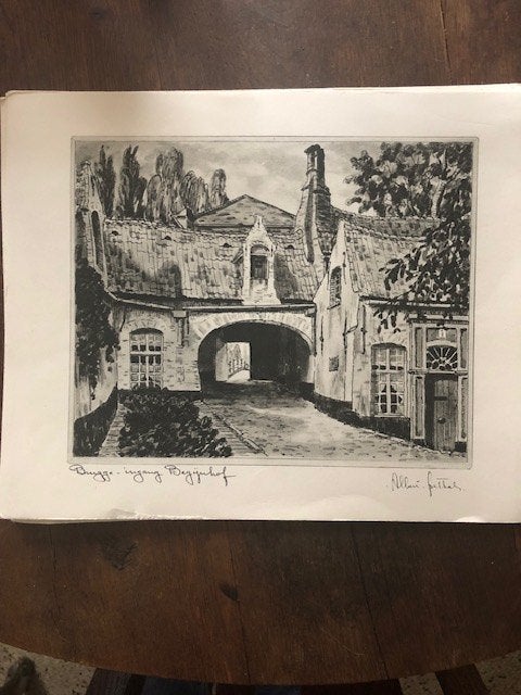 6 dessins au fusain d'Albert Goethals, Enlèvement ou Envoi, Signé, Dessin, Paysage urbain / rural