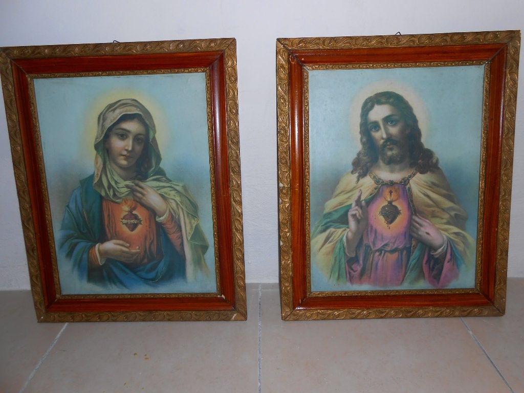 2 Prenten met kader. H. Hart Kristus en Maria, Antiek en Kunst, Ophalen of Verzenden
