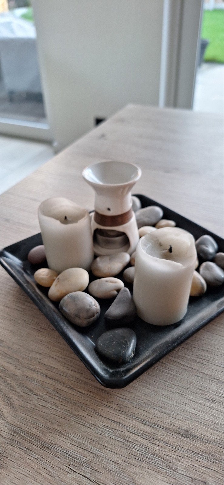 Decoratieve schaal met kaarsen en stenen, Huis en Inrichting, Gebruikt, Afgeronde hoeken, Vierkant, Ophalen of Verzenden