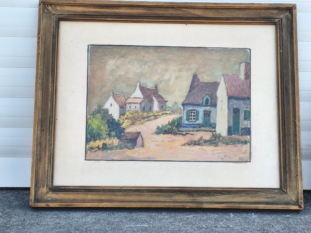 Huile sur papier village de pêcheur signe Maurice fourneau, Antiquités & Art, Enlèvement ou Envoi, Papier