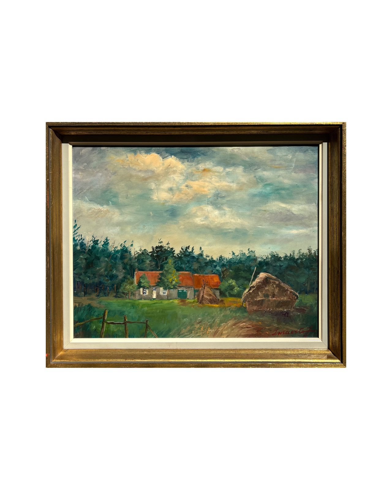 Olie op doek van boerderijzicht door Lenaerts, Doek, Ophalen of Verzenden, Landschap, Olieverf