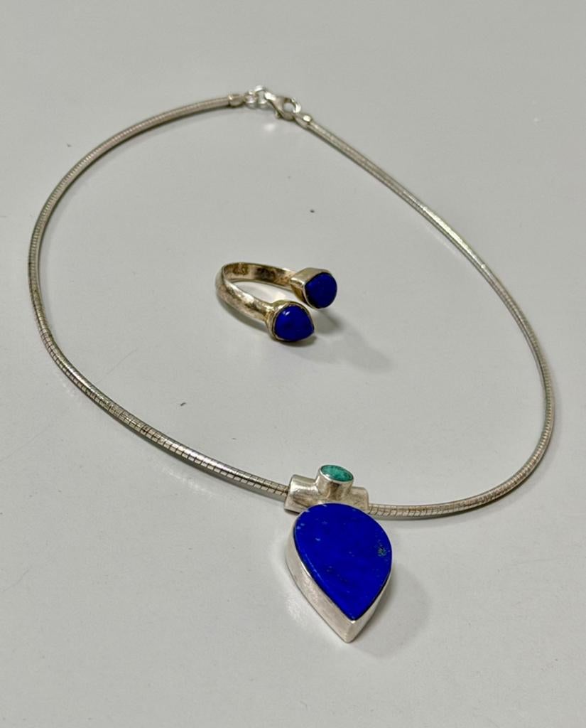Ensemble vintage en argent 925 collier + bague lapis lazuli, Enlèvement ou Envoi, Argent, Collier, Avec pierre précieuse