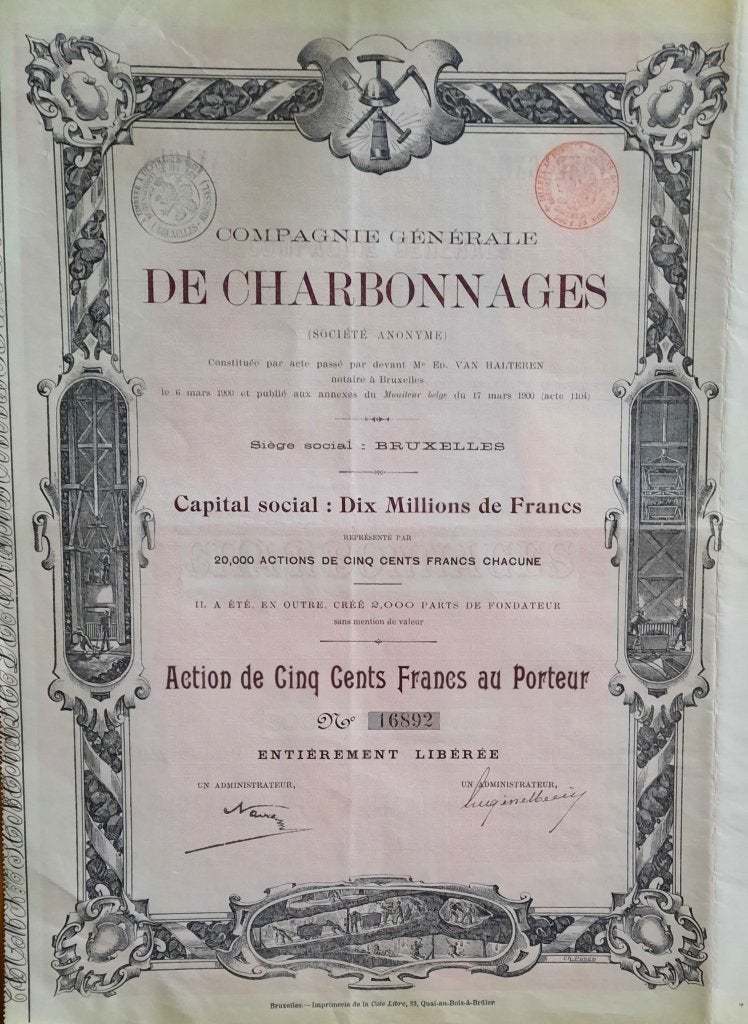 Compagnie Générale de Charbonnages - Bruxelles -1900, Timbres & Monnaies, Enlèvement ou Envoi, Avant 1920, Action