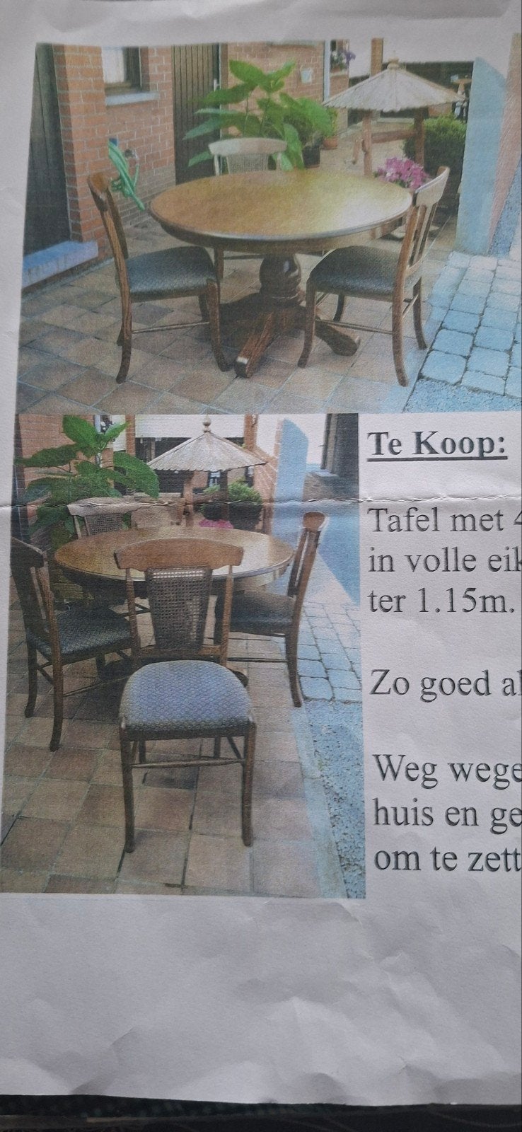 tafel en 4 stoelen, Ophalen