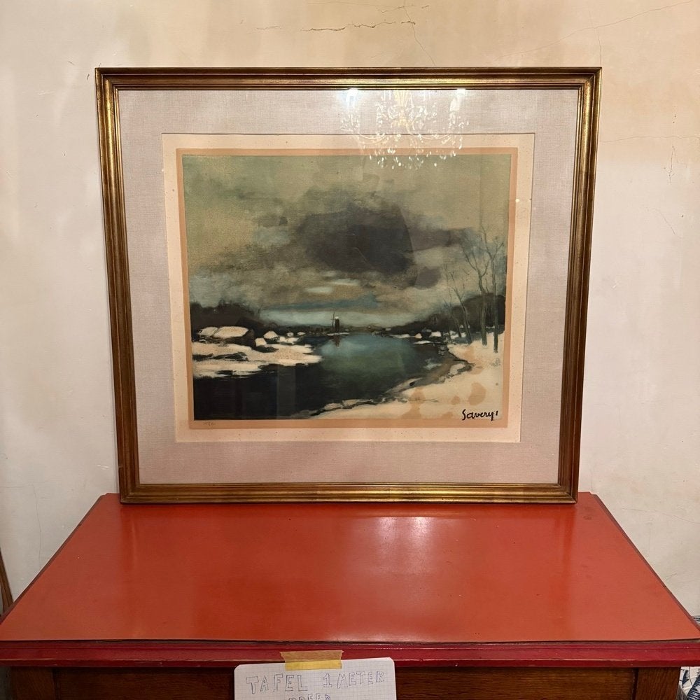 Grote Kunstprent Winterlandschap – Albert Savery (90x80cm), Ophalen, Vintage, Achter glas, Print