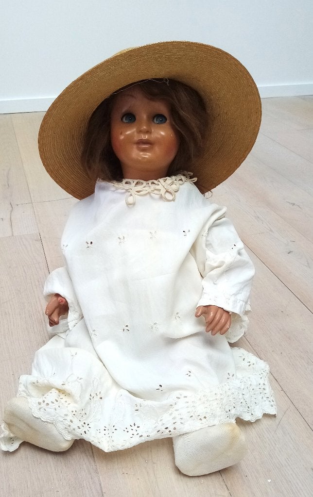 Grote pop 65 cm, 1940, bewegende ogen, rhodoïde/composiet, Ophalen, Gebruikt, Pop, Levensecht of Reborn