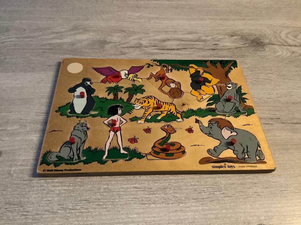 Puzzle vintage en bois Walt Disney Jungle Book (10 pièces), Enlèvement ou Envoi, Le Roi Lion ou Le Livre de la Jungle, Comme neuf