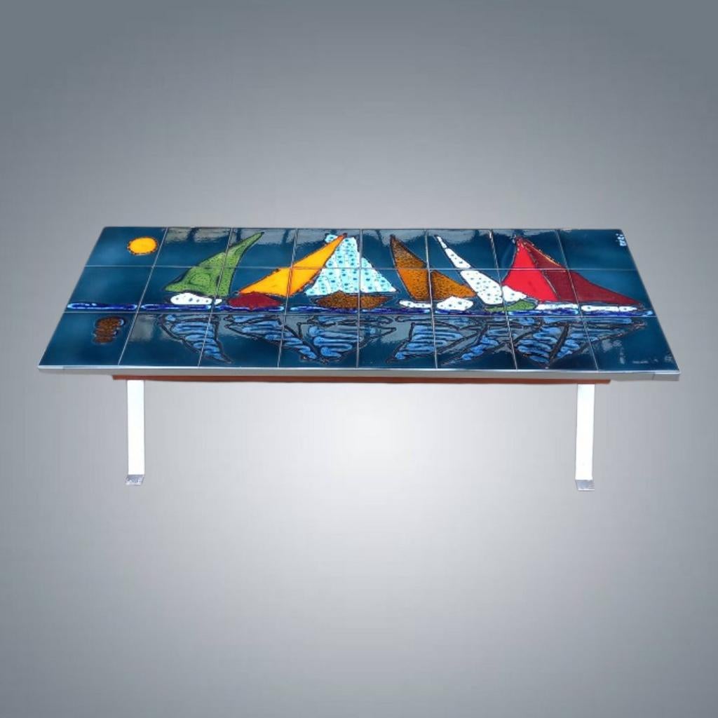 Table basse Vintage en Céramique, Chrome et bois 1970's, Enlèvement