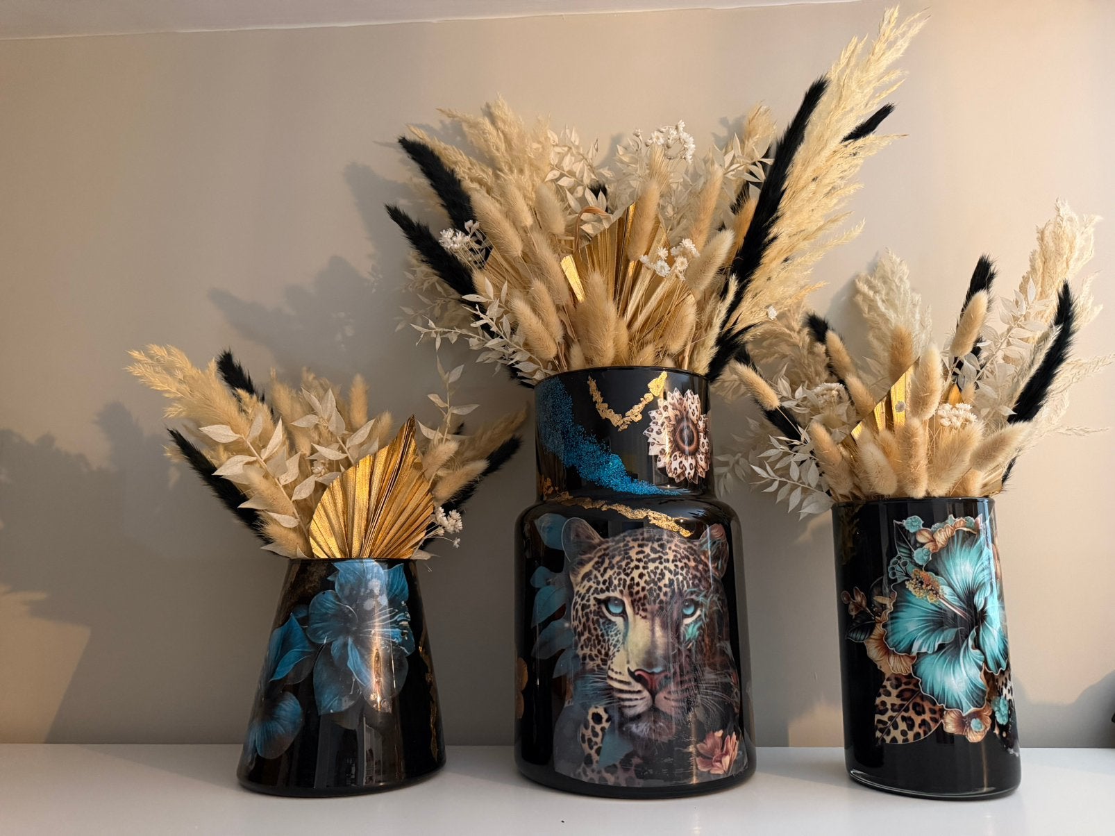 3 unieke vazen met droogbloemen, Ophalen, Zo goed als nieuw