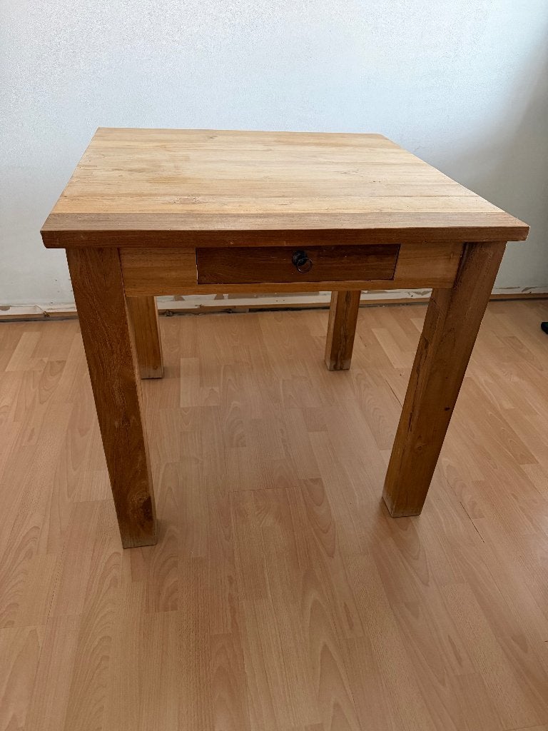 Table en teac bois massif - table avec tiroir - 80 x 80 cm, Maison & Meubles, Tables | Tables à manger, Quatre personnes, 50 à 100 cm