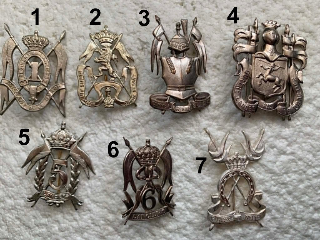 Kenteken, 7x LOT 1ste tot 6de Lanciers mutskentek, Zilver, Collections, Enlèvement ou Envoi, Armée de terre, Emblème ou Badge