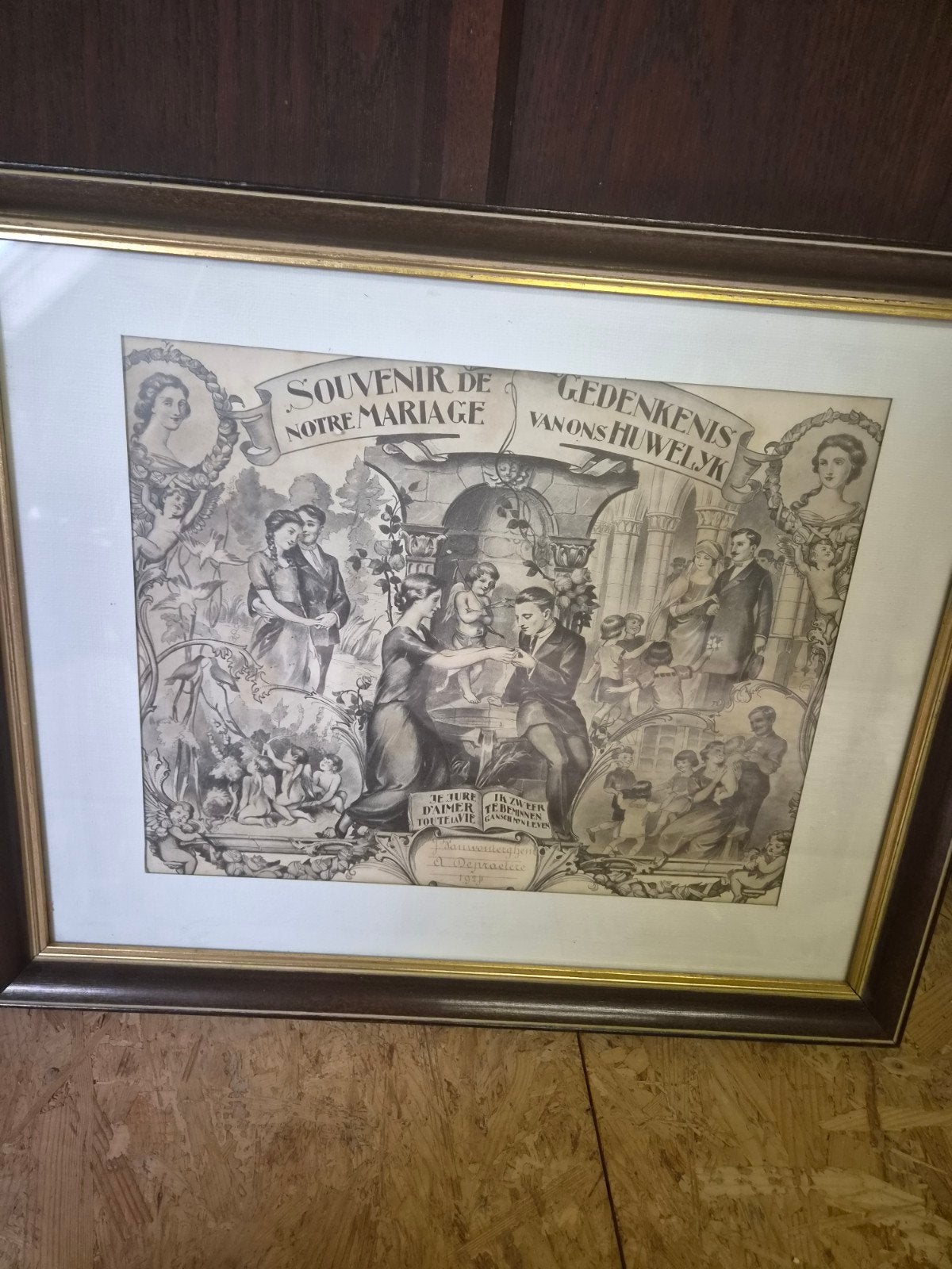 huwelijksbeloften tekening 1924s, Antiek en Kunst, Ophalen, Ets, Lithografie, Ingelijst