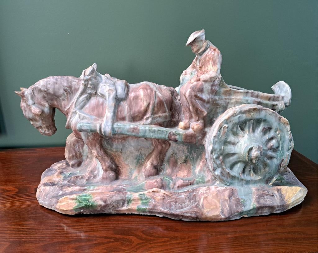 INGELS Domien "Boer met paard en kar" geglazuurde keramiek, Antiek en Kunst, Ophalen