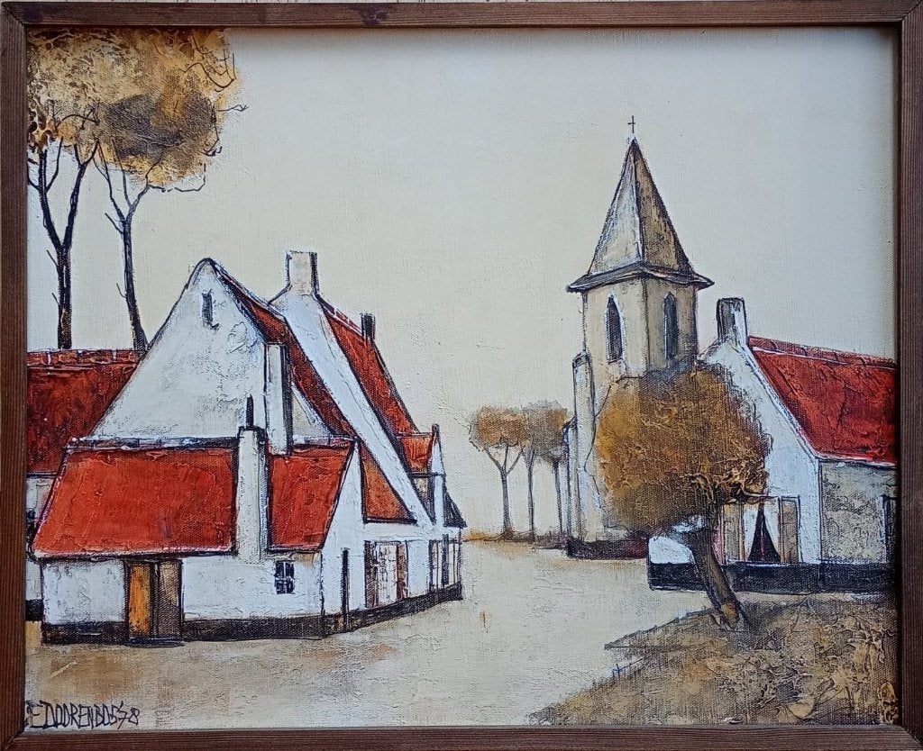 Schilderij Eddy Doorenbos: West-Vlaams dorp, Doek, Expressionistisch, Ophalen of Verzenden, Olieverf