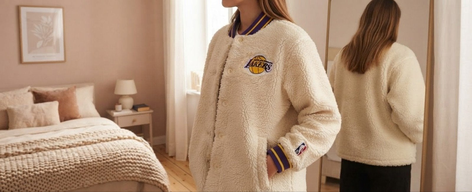 Veste Teddy / Bomber Sherpa Lakers Nike NBA Femme - M / Over, Taille 38/40 (M), Beige, Nike, Porté
