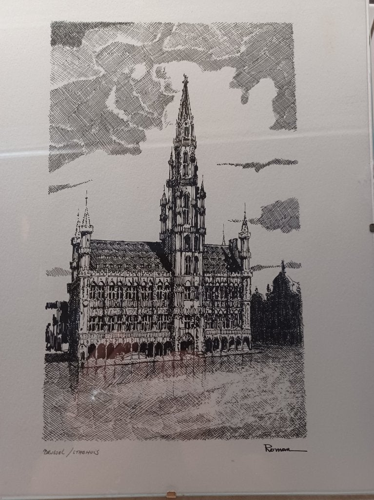 THOMAS ROMAN LITHO « BRUXELLES/HÔTEL DE VILLE » 1923-2012, 1950 - 1999, Vue urbaine, Verso blanc, 30 cm