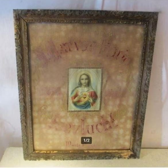 Antieke Prent - Maagd Maria - in fotolijst - 67x54, Antiek en Kunst, Ophalen of Verzenden