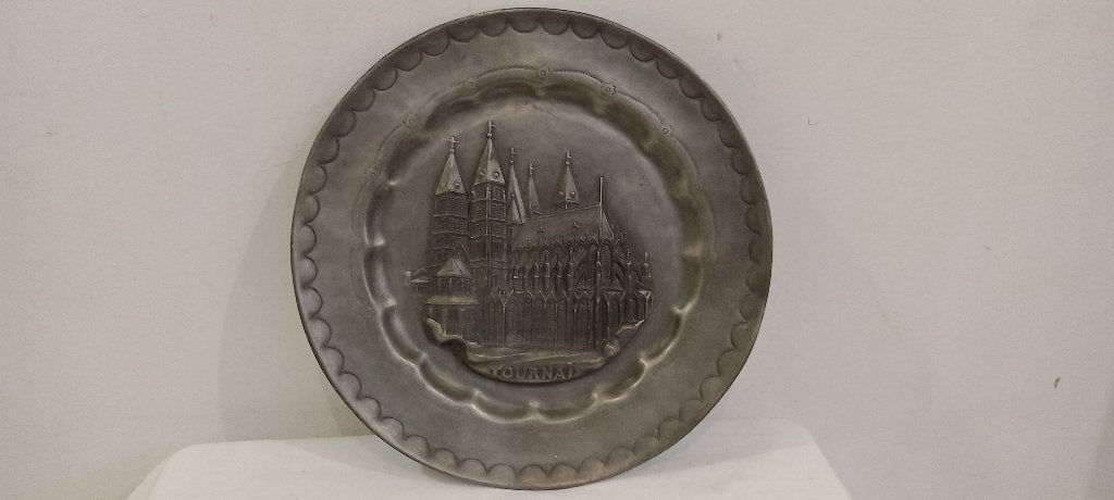 Tinnen wandschaal van de kathedraal van Doornik 29,5 cm, Ophalen of Verzenden