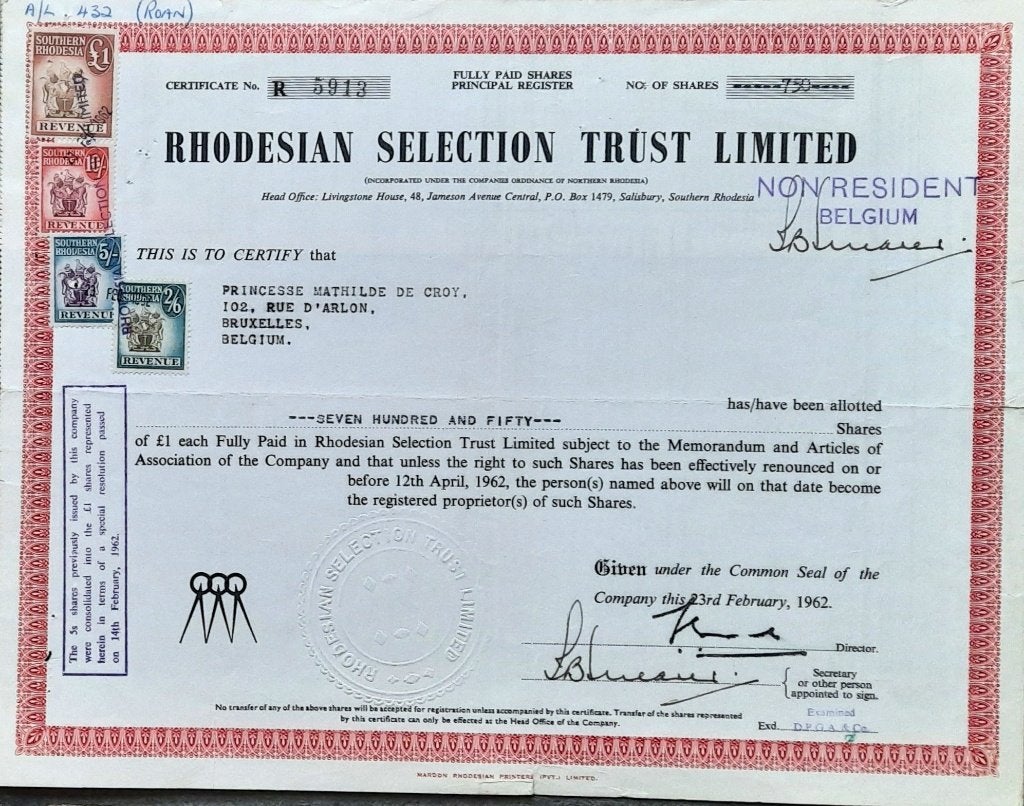 Rhodesian Selection Trust Ltd - 1962 -, Timbres & Monnaies, Enlèvement ou Envoi, Certificat d'action