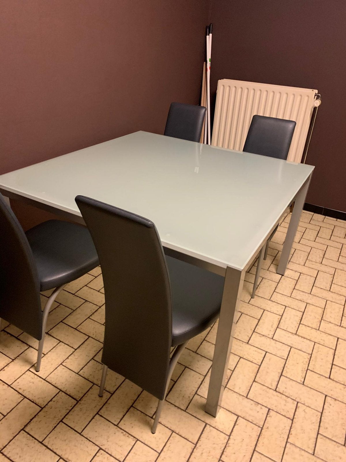 Glazen tafel incl. 4 stoelen, Huis en Inrichting, Ophalen, Gebruikt, Vierkant, Glas