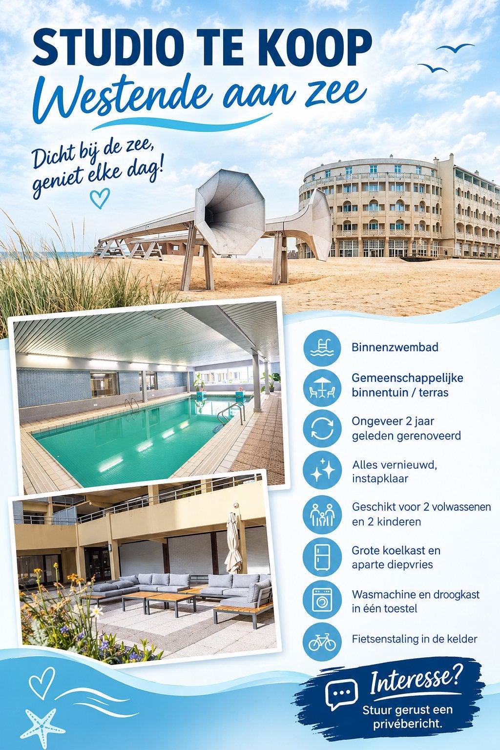 Studio in westende vlak aan zee met zwembad
