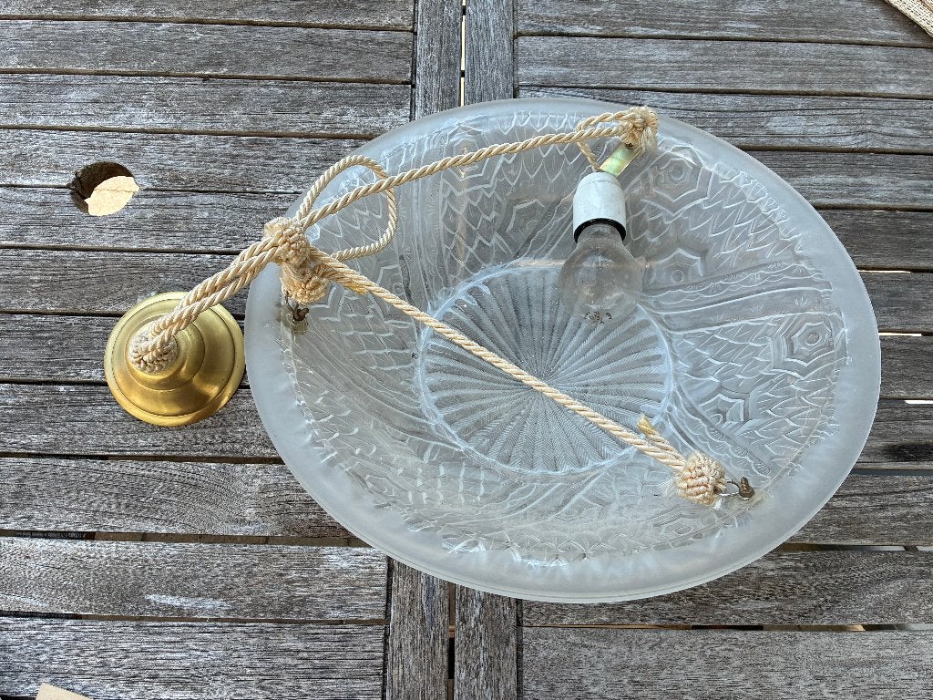 prachtige hangkroonluchter van gegoten glas in art deco, Ophalen of Verzenden