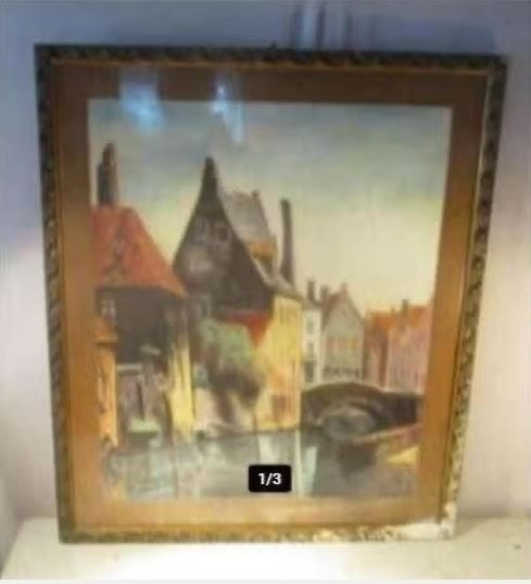 Belle aquarelle ancienne « Les canaux de Bruges » - signée, Enlèvement ou Envoi, Aquarelle, Encadré, Paysage