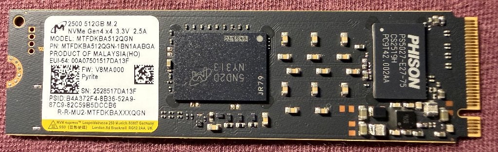 Mémoire Micron 512 Go M.2 NVMe Gen 4 MTFDKBA512QGN, Enlèvement ou Envoi, SSD, Interne, 512 GB