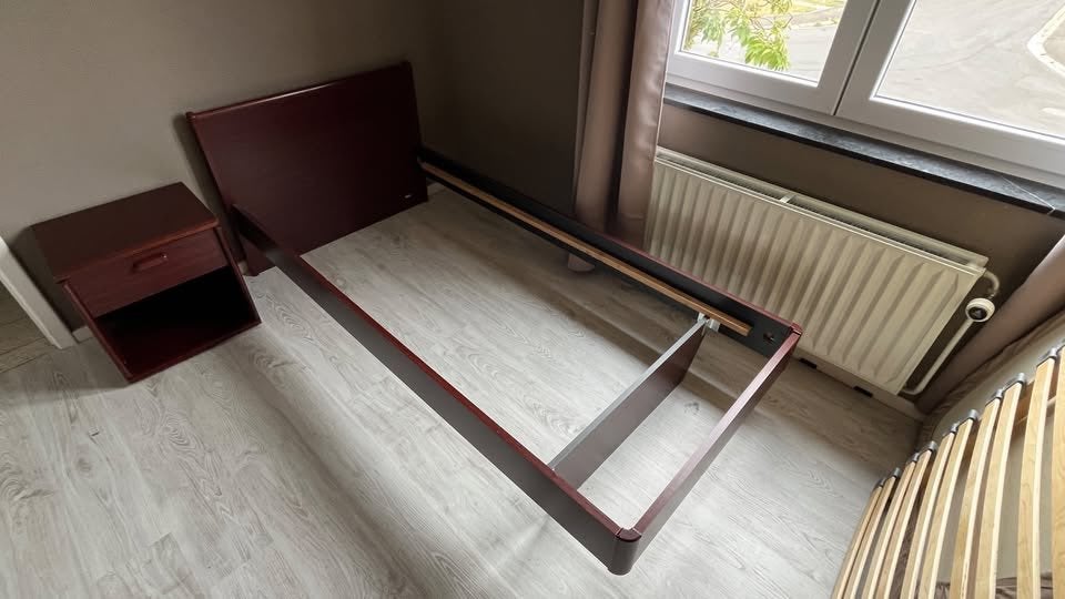 Cadre de lit + Sommier + Table de nuit, Maison & Meubles, 90 cm, Une personne, Brun, Enlèvement