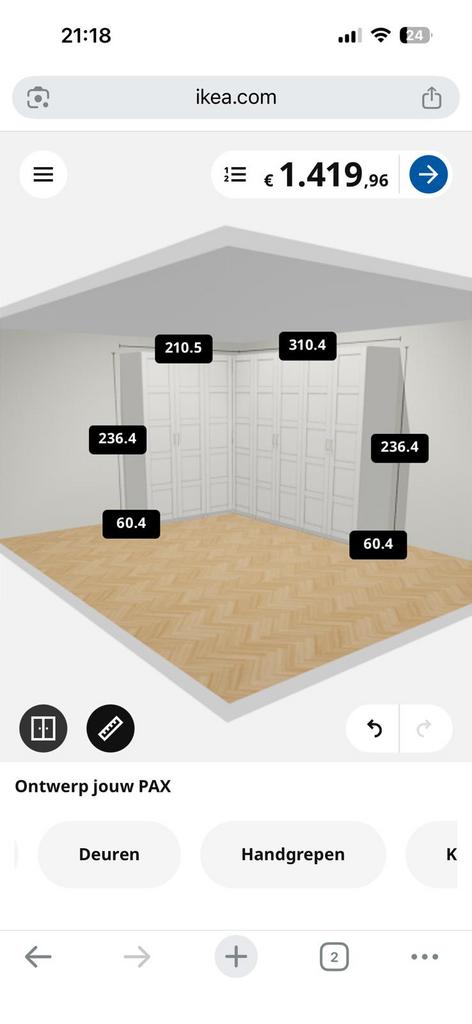 IKEA PAX HOEKKAST WIT 210 x 310, Bricolage & Construction, Planches & Dalles, Comme neuf, Enlèvement