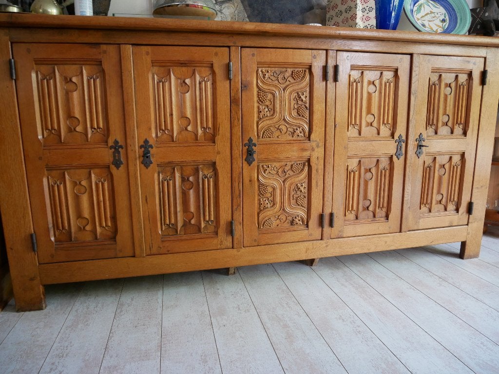 Buffet en chêne massif (pièce unique), 25 à 50 cm, 200 cm ou plus, Avec tablette(s), Rustique - en bois massif