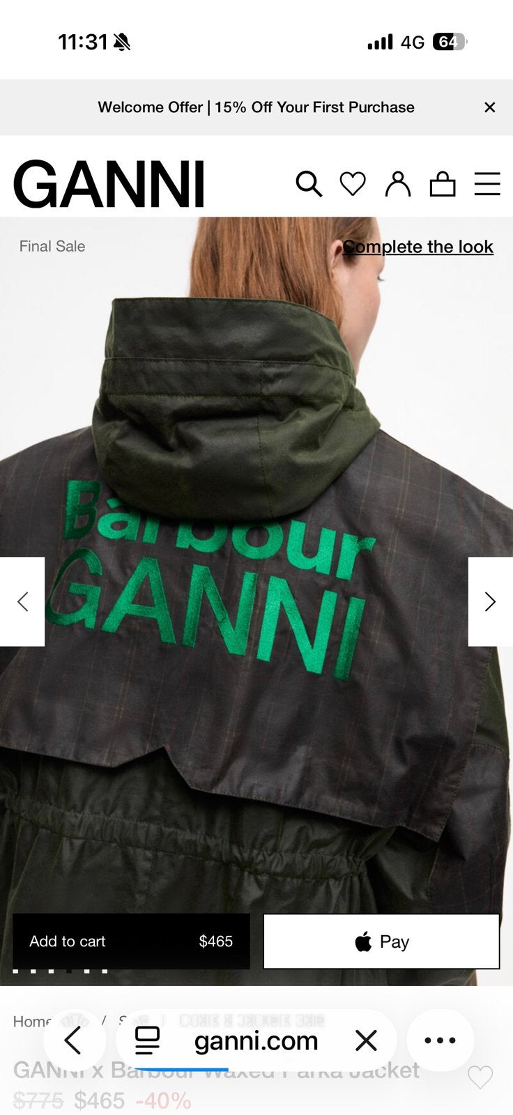 Barbour x ganni waxed lange jas mt 38, Enlèvement, Comme neuf, Vert
