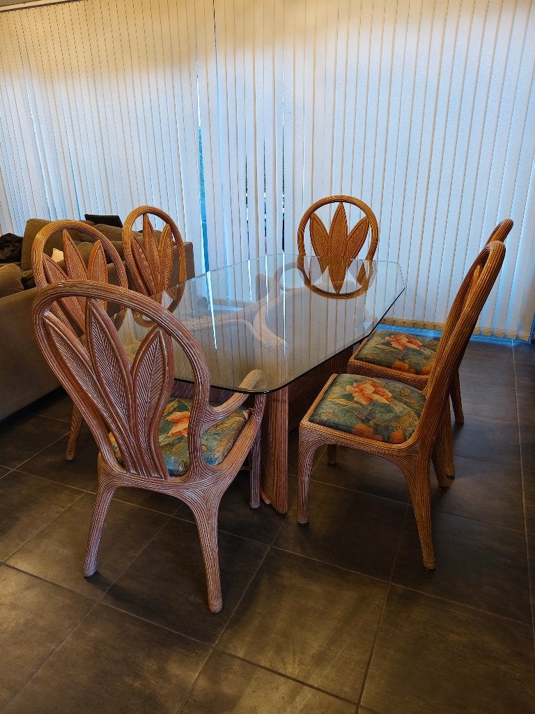 Glazen eettafel+6 rotan designstoelen | Complete eetkamerset, Landelijk koloniaal, 150 à 200 cm, Cinq personnes ou plus, 100 à 150 cm
