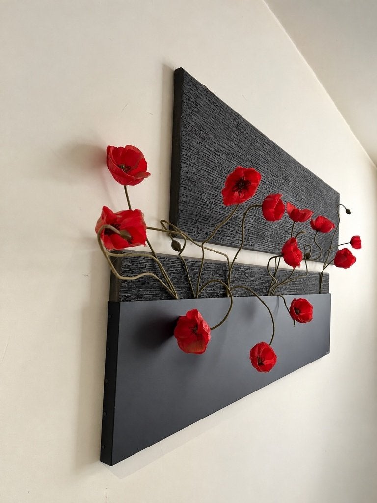 Grande décoration murale – Coquelicots rouges en relief, Rouge, Moderne, Sculpture murale, Enlèvement