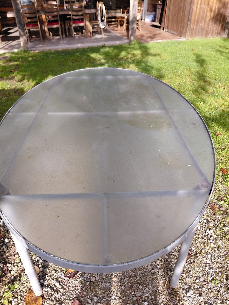 Glazen tuintafel, Tuin en Terras, Ophalen, Gebruikt, Ovaal, Metaal