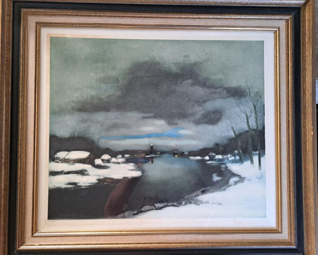 SAVERYS Albert "Winterse Leie met molen" oude kleurets, Antiek en Kunst, Kunst | Etsen en Gravures, Ophalen