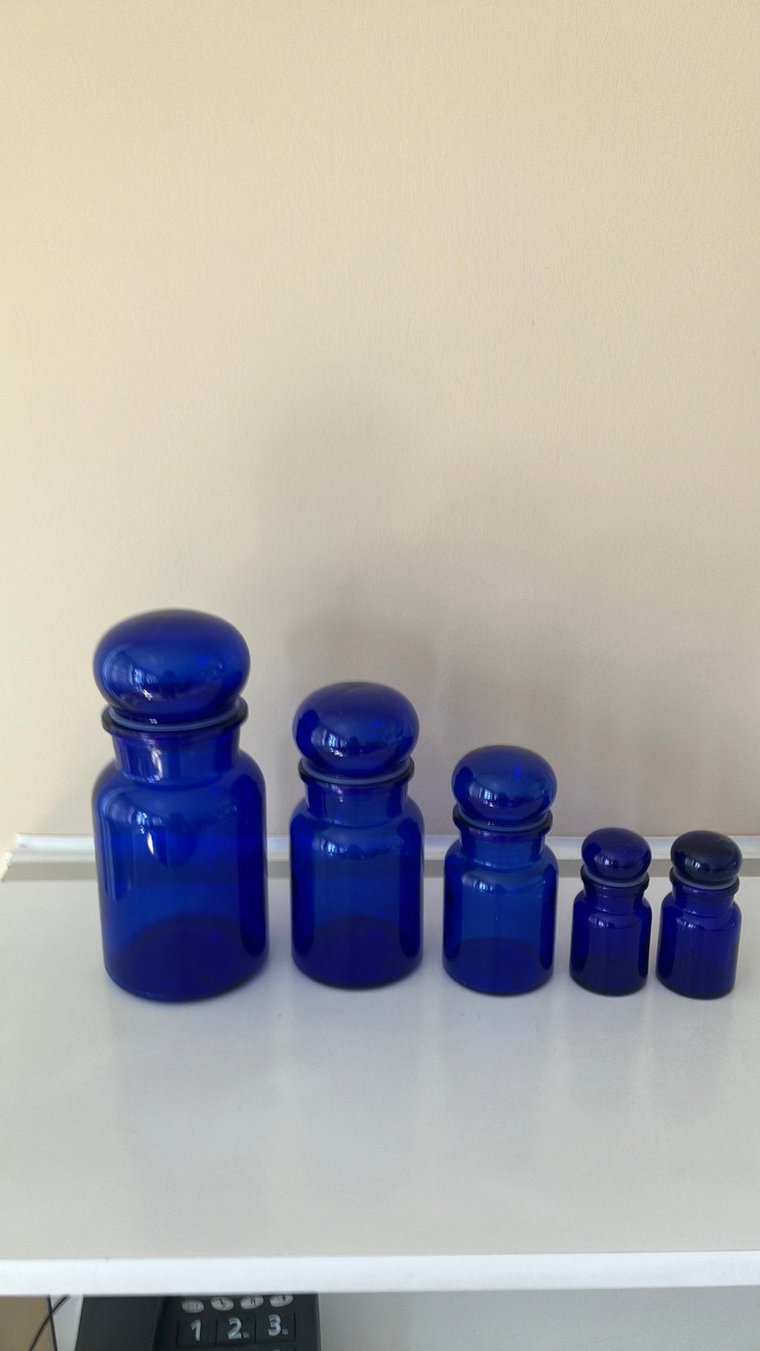 Blauwe kobalt apothekerspotten vintage Made in Belgium, Vintage, Verre, Enlèvement ou Envoi, Bleu
