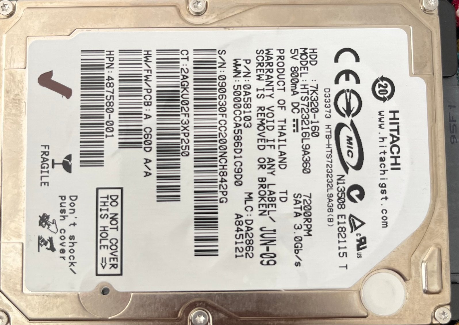 Hitachi 320GB 2.5” SATA harde schijf., Ophalen of Verzenden, Zo goed als nieuw, SATA