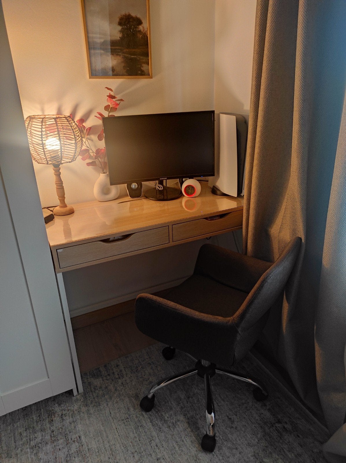 IKEA ALEX bureau eikenlook + donkerbruine beaustoel, Huis en Inrichting, Ophalen, Gebruikt, In hoogte verstelbaar, IKEA