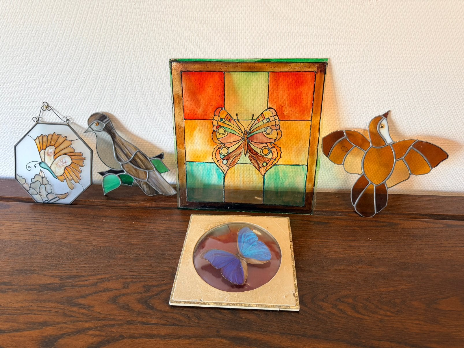 5 delige vintage set natuurdecoratie- Glas in lood & vlinder, Tuin en Terras, Ophalen, Zo goed als nieuw
