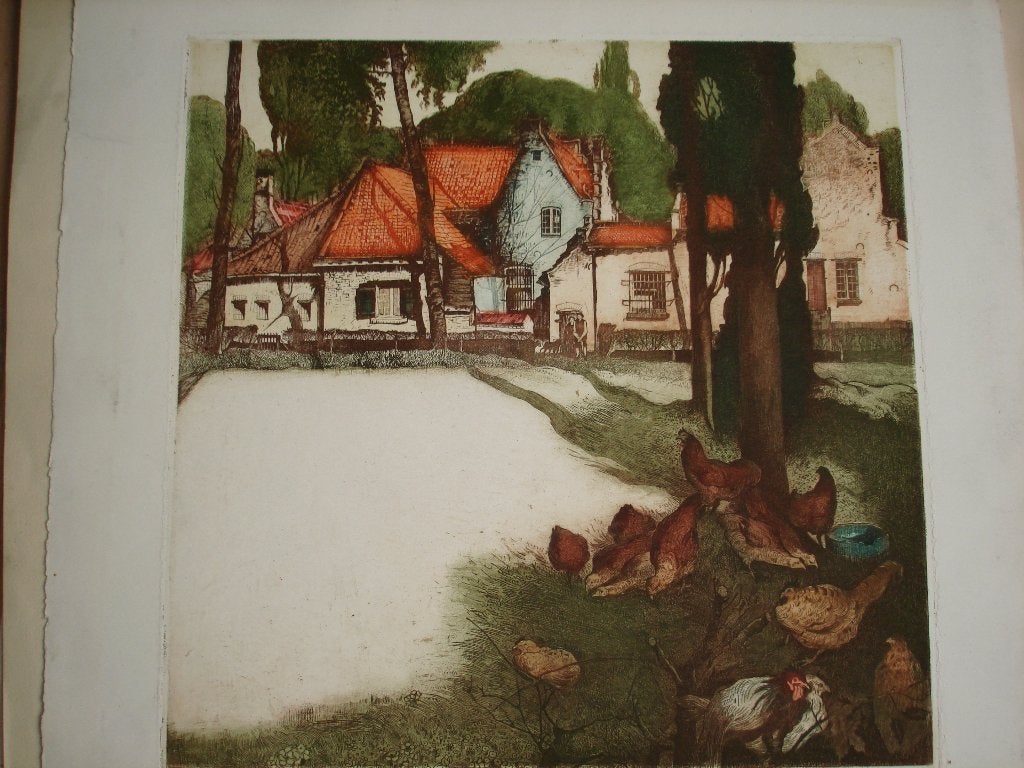 Maurice LANGASKENS kleuren litho Les Toits Rouges gesigneerd, Antiek en Kunst, Genummerd, Ophalen of Verzenden