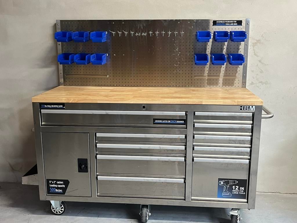 Werkbank met massief werblad en achterwand, Doe-het-zelf en Bouw, Ophalen, Nic.debruyne@gmail.com, HBM, 170 cm of meer