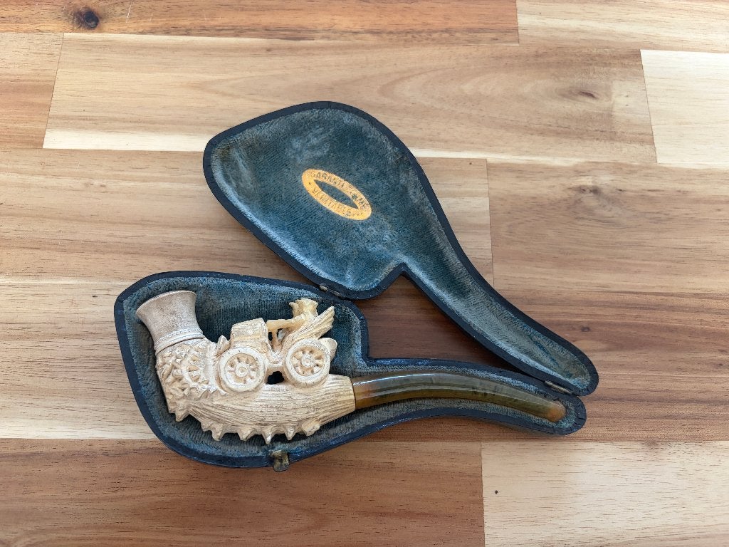 Ancienne pipe en écume véritable sculptée étui d’origine, Collections, Enlèvement ou Envoi, Utilisé, Autres types