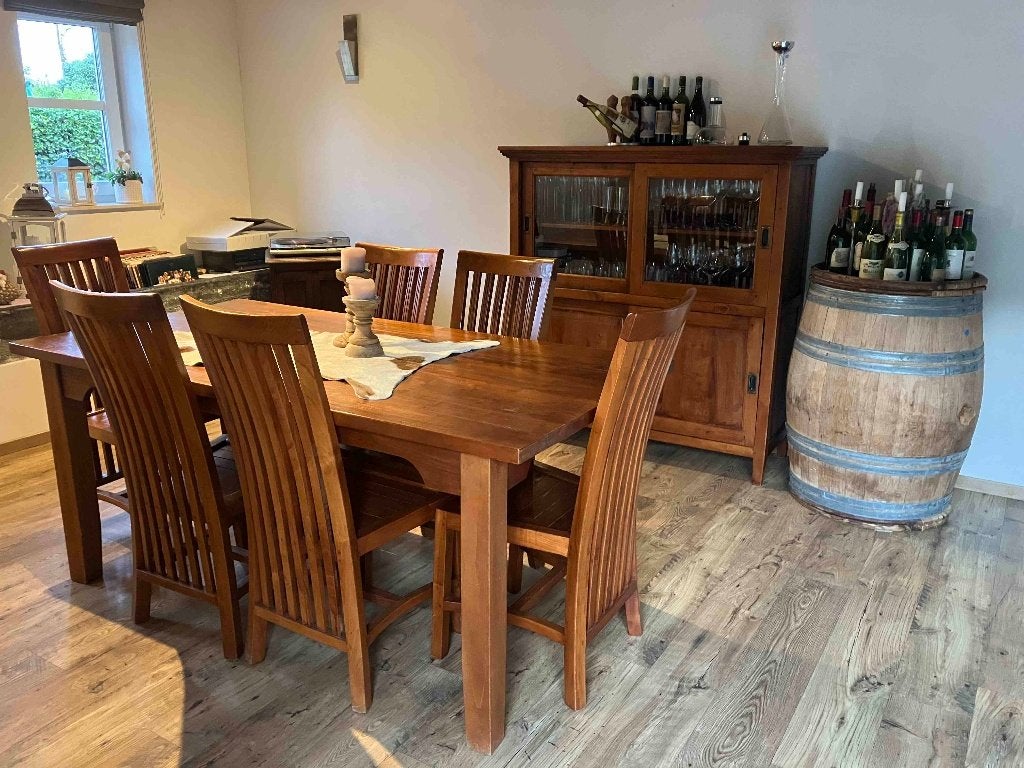 Eetkamer in massief teak, Ophalen, Zo goed als nieuw, Tijdloze landelijke eetkamer, 4 tot 6 stoelen
