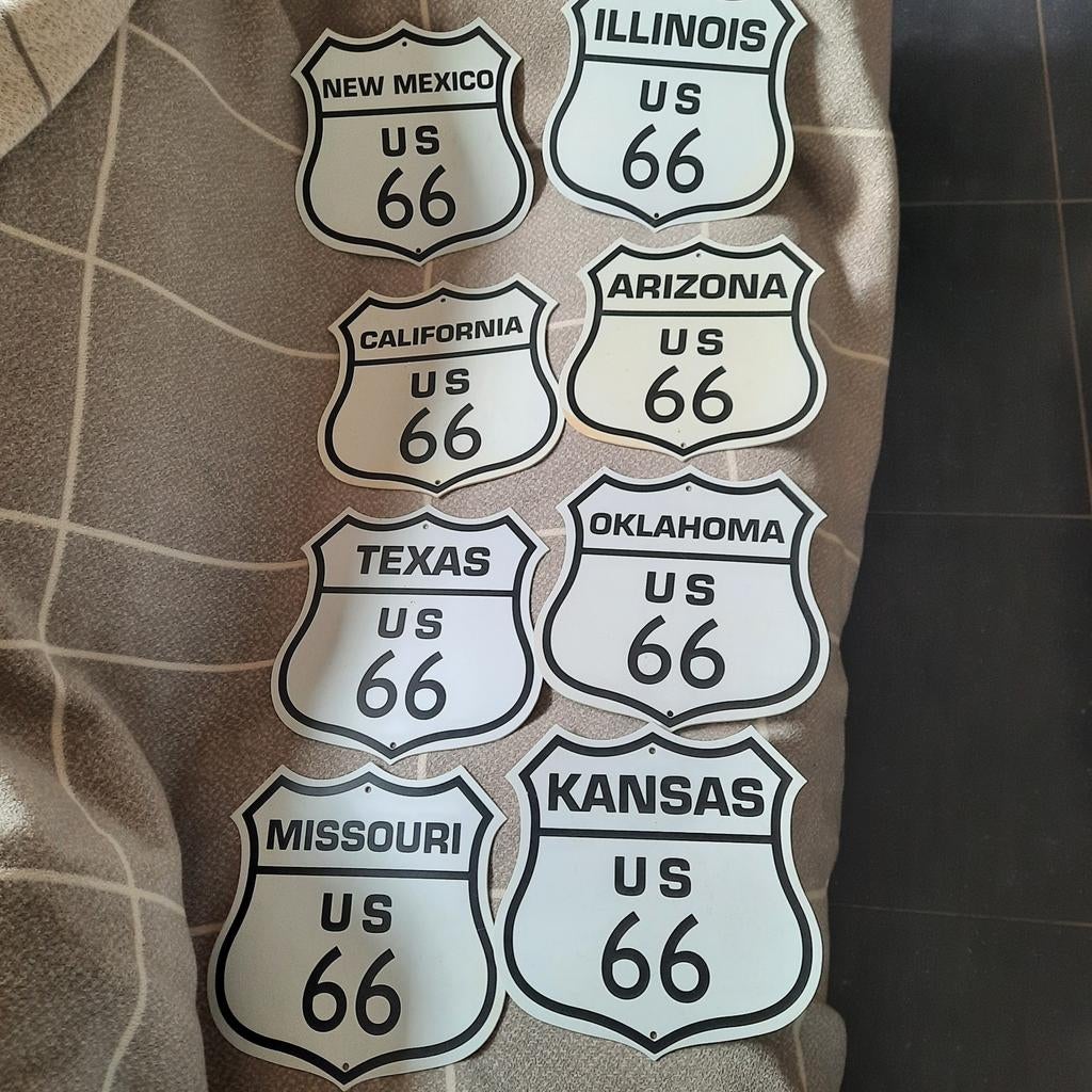Route 66 bordjes in kunststof . 8 stuks . Bieden ., Verzamelen, Ophalen of Verzenden