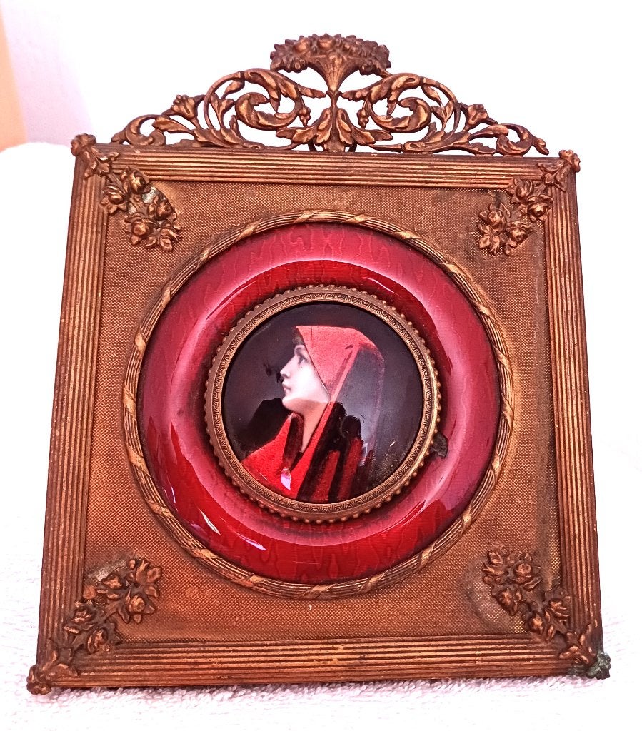 cadre avec miniature en émail sur cuivre, Antiquités & Art, Enlèvement ou Envoi, Cuivre