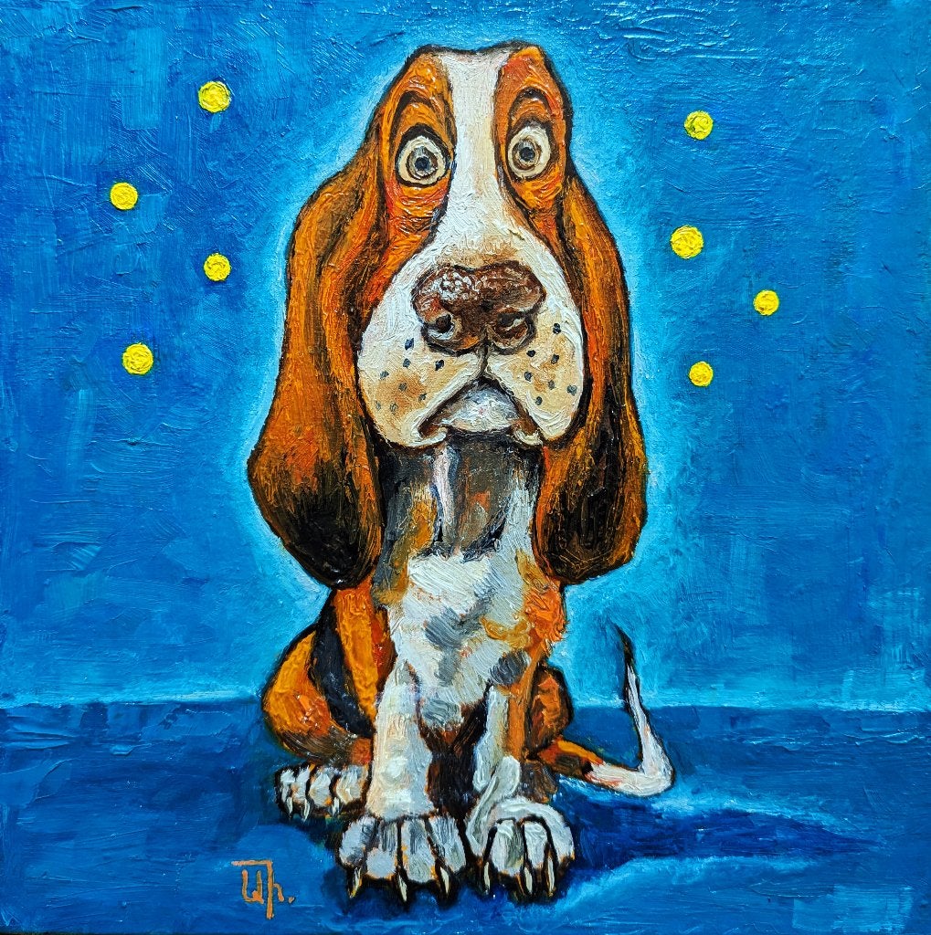 « Sweet Basset Hound », Textile, Peinture à l'huile, Encadré, Animaux