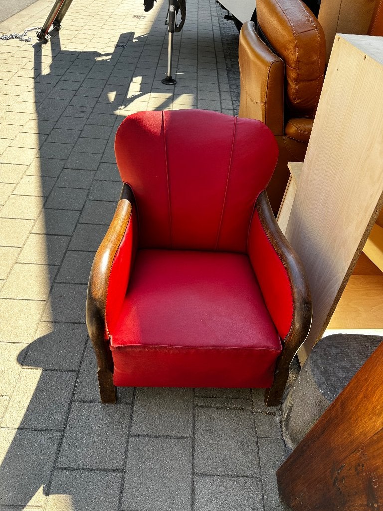 Fauteuil van hout en rood leer om weg te geven, Ophalen, Gebruikt, Hout