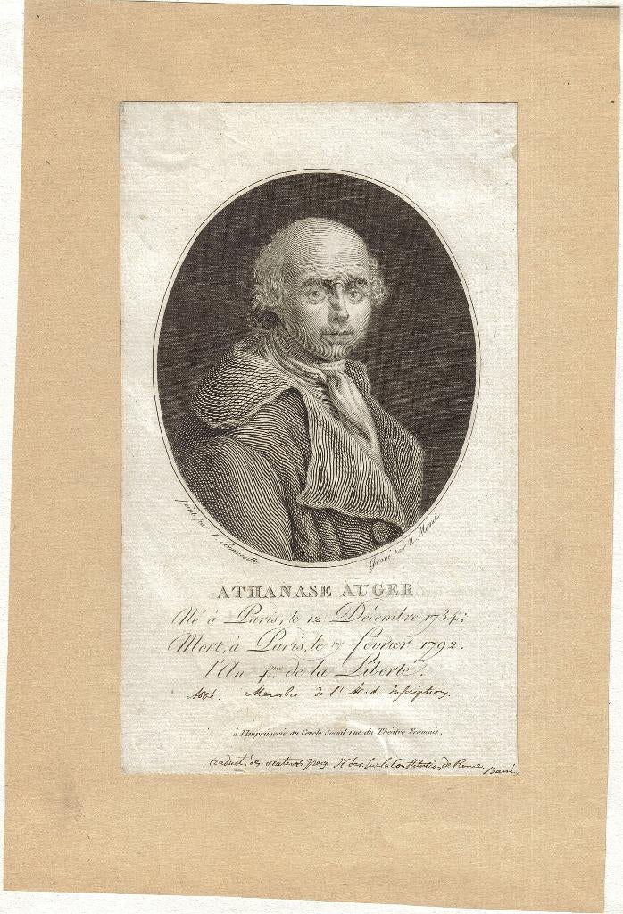 N. F. Naviez n Francois Bonneville gravure "Anasthase Auger", Ophalen, Portret, 1700 - 1799, Origineel